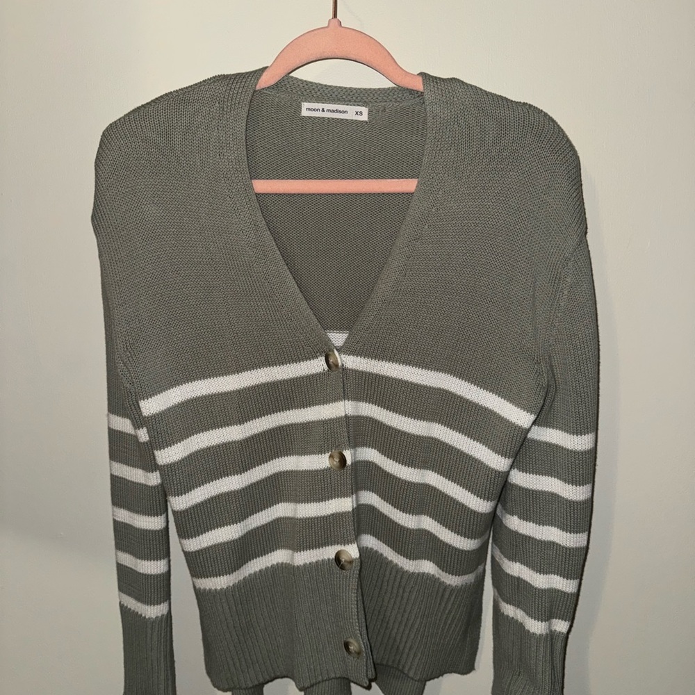 moon & madison Olive and White Striped Cardigan
